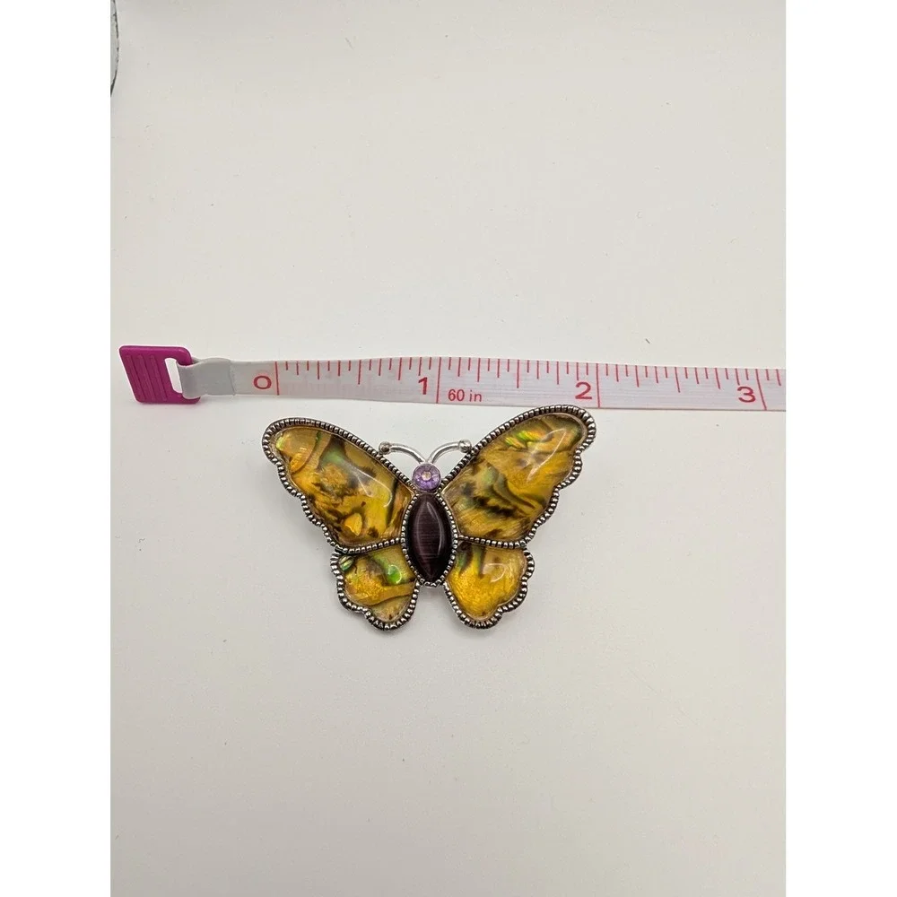 Butterfly Brooch Gold Tone Iridescent Enamel Purple Cabochon Rhinestone Accent